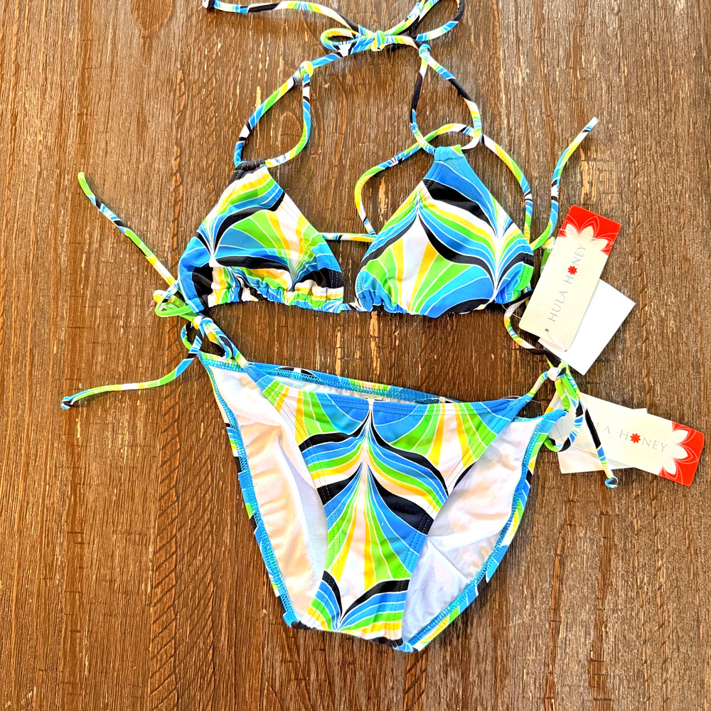 Hula Honey swimwear, Swirl Print, Triangle Halter Top and Tie Side Bottom